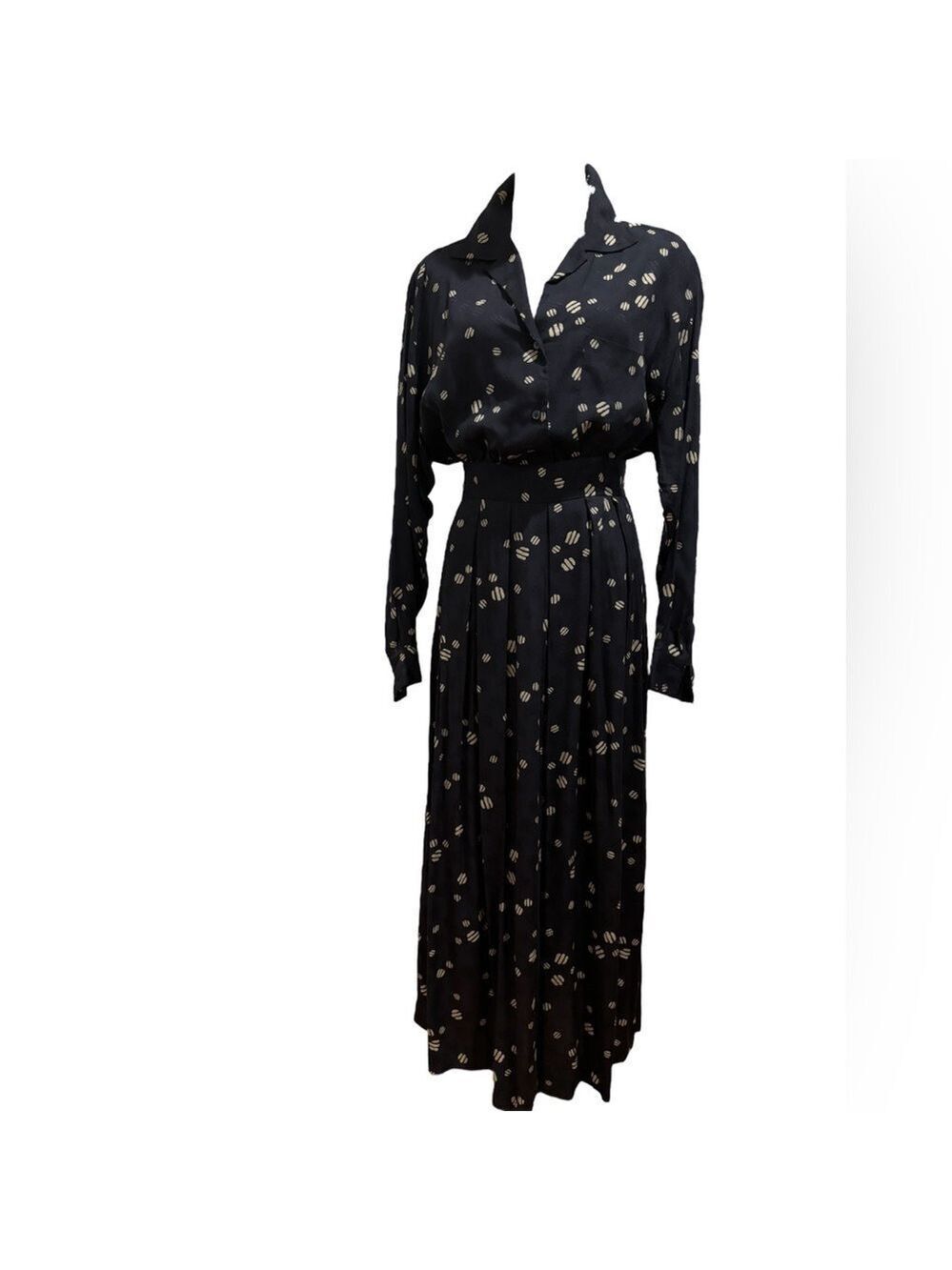 80s 2PC J G HOOK TWEE NAVY & GRAY DITZY PRINT BLOUSE & PIEATED MAXI SKIRT 12 - Picture 3 of 14